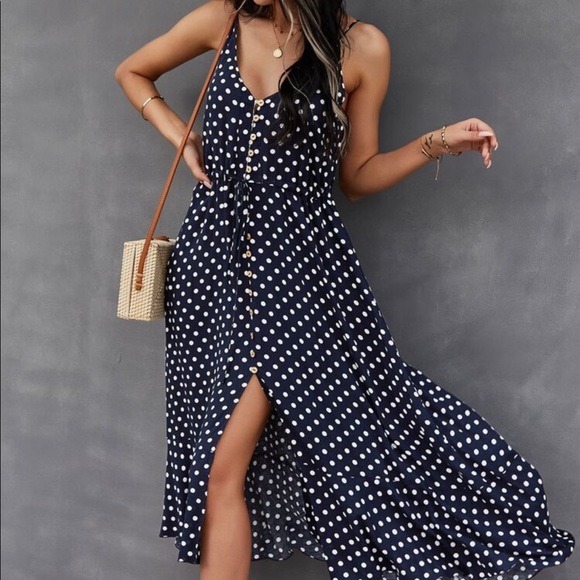 Boho Button Up V Neck Tie Polka Dot Dress NAVY BLUE - Picture 3 of 12